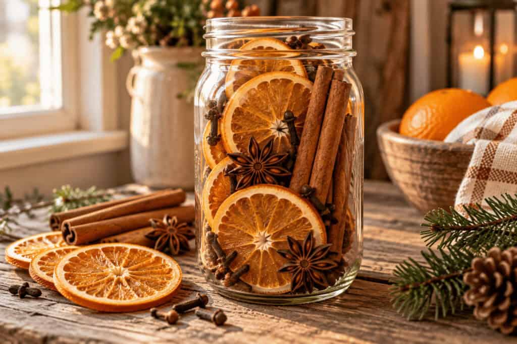 Potpourri DIY Gift: Cozy Stovetop Simmer Jars Everyone Will Love 4 Dried orange slices with cinnamon sticks and star anise in a glass jar.