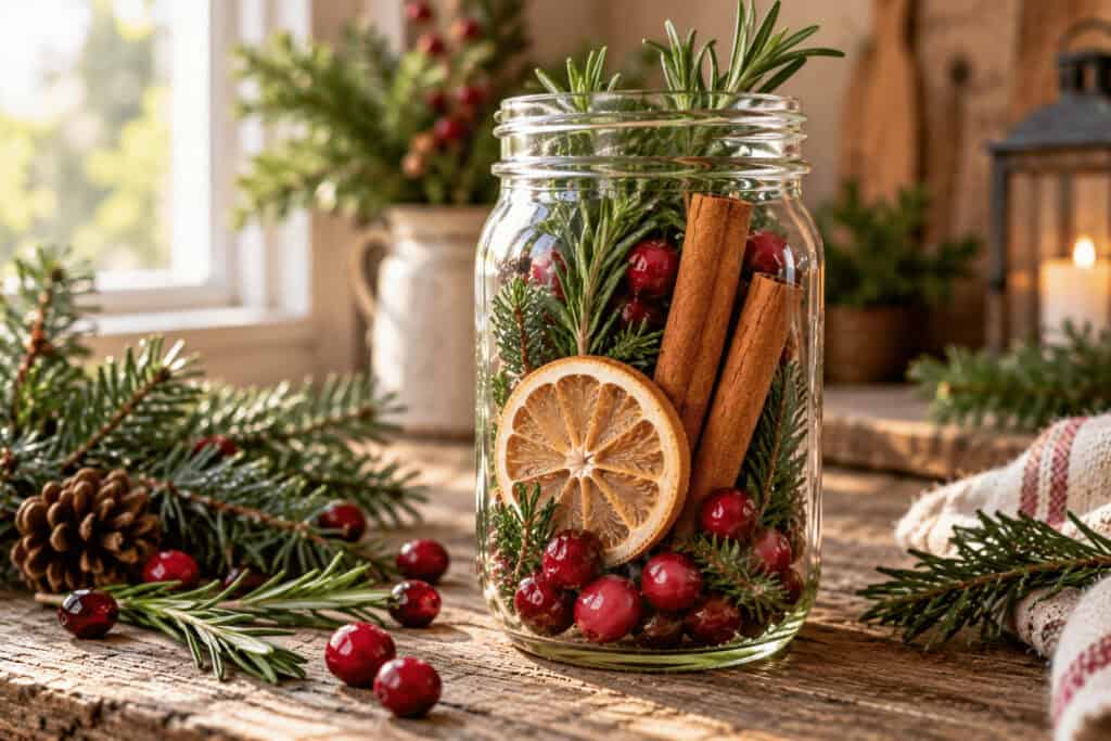 Potpourri DIY Gift: Cozy Stovetop Simmer Jars Everyone Will Love 6 Decorative mason jar with cinnamon, dried orange, pine, and berries for holiday decor.