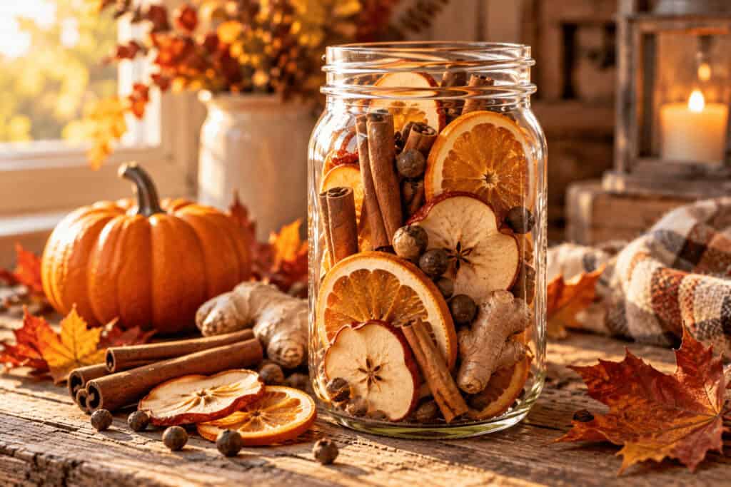 Potpourri DIY Gift: Cozy Stovetop Simmer Jars Everyone Will Love 7 Autumn potpourri with dried orange slices, cinnamon sticks, and spices in a glass jar.