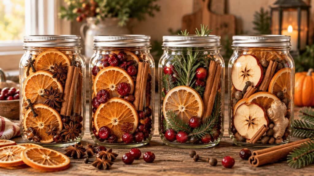Potpourri DIY Gift: Cozy Stovetop Simmer Jars Everyone Will Love 3 Decorative jars with dried oranges, cinnamon sticks, and herbs for simmering.