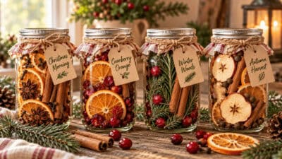 Decorative jars with dried fruits, spices, and herbs for stovetop simmering.