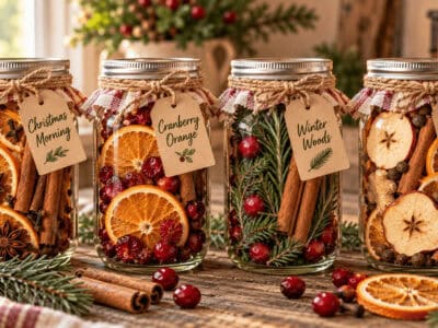 Decorative jars with dried fruits, spices, and herbs for stovetop simmering.