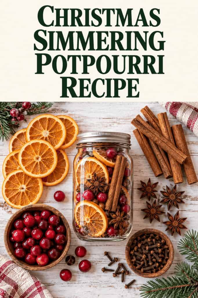 Potpourri DIY Gift: Cozy Stovetop Simmer Jars Everyone Will Love 9 Festive stovetop simmer jar with dried oranges, cinnamon sticks, and cranberries.