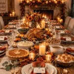 7 Festive Thanksgiving table with turkey, candles, and autumn decor.
