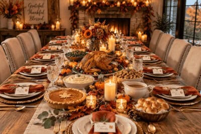 Festive Thanksgiving table with turkey, candles, and autumn decor.
