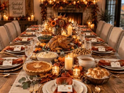 Festive Thanksgiving table with turkey, candles, and autumn decor.