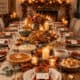 Festive Thanksgiving table with turkey, candles, and autumn decor.