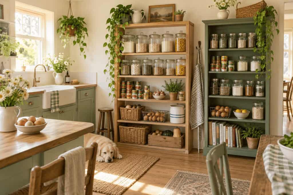 Small Pantry Organization Ideas for Kitchens With No Pantry at All 1 Organized kitchen with open shelves and pantry storage solutions.