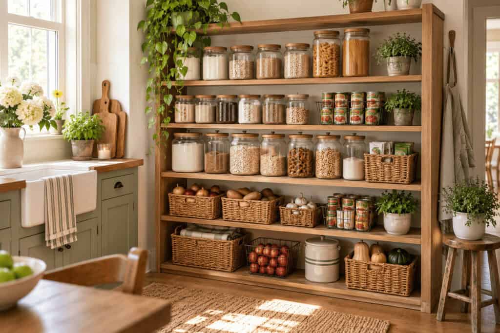Small Pantry Organization Ideas for Kitchens With No Pantry at All 2 Organized pantry with jars, baskets, and plants in a bright kitchen.