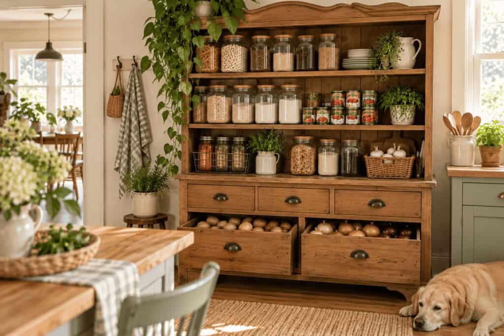 Small Pantry Organization Ideas for Kitchens With No Pantry at All 4 Wooden pantry with jars, baskets, and herbs in a cozy kitchen setting.