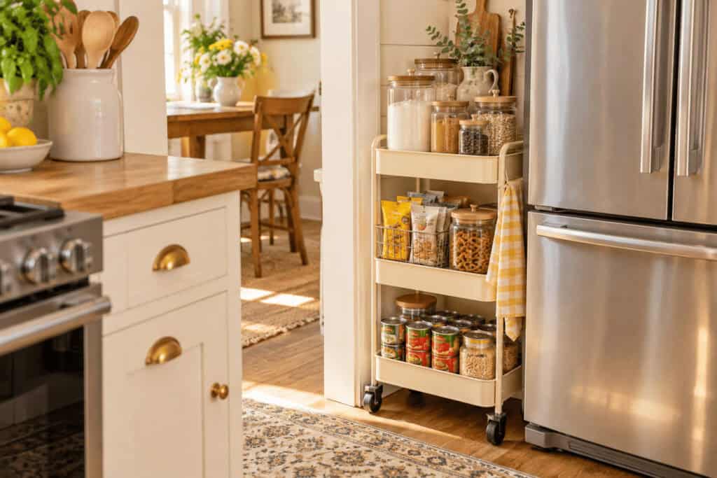 Small Pantry Organization Ideas for Kitchens With No Pantry at All 5 Rolling cart with pantry staples in a kitchen.