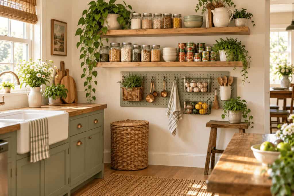 Small Pantry Organization Ideas for Kitchens With No Pantry at All 6 Open kitchen shelf with jars, plants, and utensils for pantry storage.