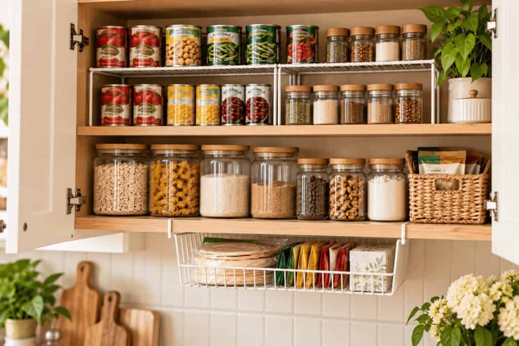 Small Pantry Organization Ideas for Kitchens With No Pantry at All 7 Organized kitchen pantry with jars and baskets for storage.