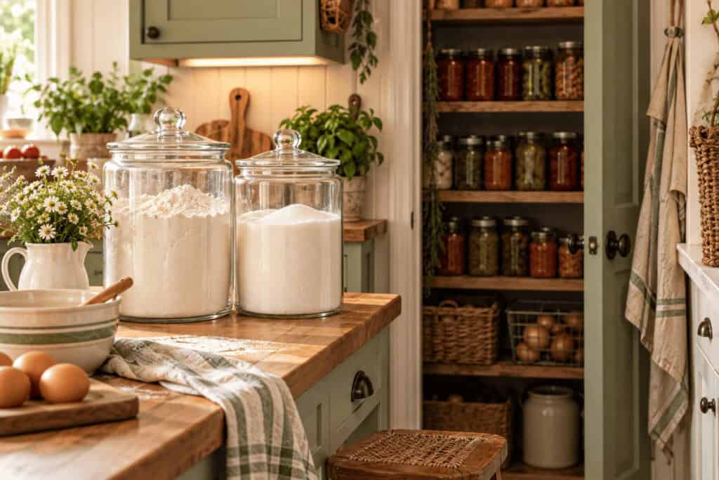 Small Pantry Organization Ideas for Kitchens With No Pantry at All 9 Organized kitchen pantry with jars, baskets, and shelves for storage.