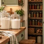 7 Organized kitchen pantry with jars, baskets, and shelves for storage.