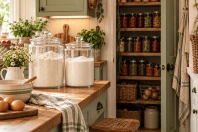 Organized kitchen pantry with jars, baskets, and shelves for storage.