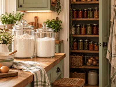 Organized kitchen pantry with jars, baskets, and shelves for storage.