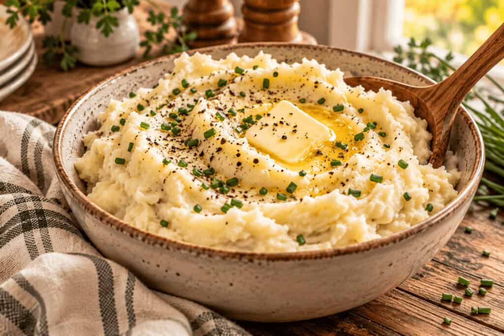 Easy Thanksgiving Side Dishes That Feed a Crowd on a Budget 2 Creamy mashed potatoes with butter and chives in a rustic bowl.
