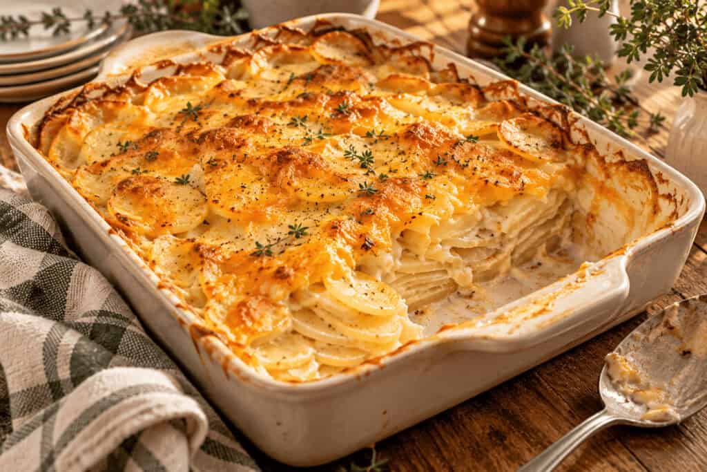 Easy Thanksgiving Side Dishes That Feed a Crowd on a Budget 3 Creamy potato casserole with cheese and herbs in a baking dish.
