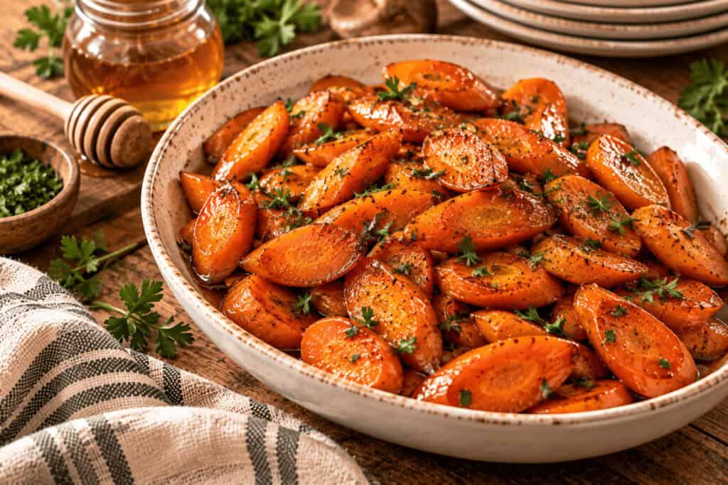 Easy Thanksgiving Side Dishes That Feed a Crowd on a Budget 9 Delicious roasted carrots garnished with herbs on a rustic plate.