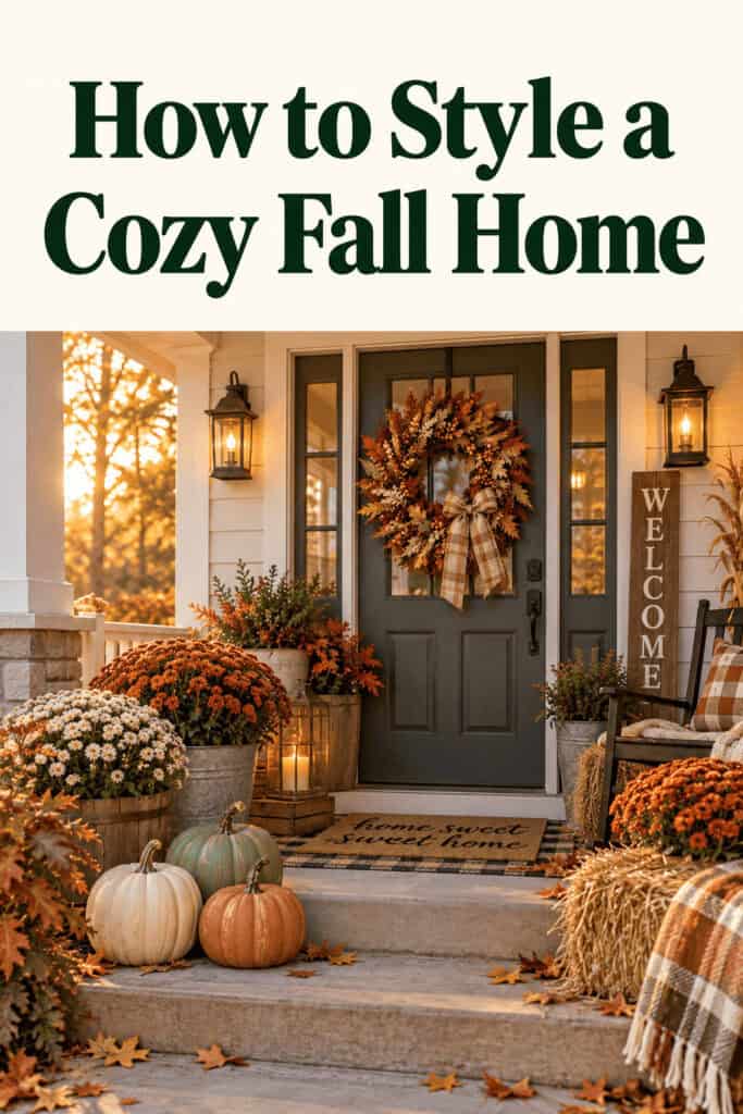 Budget Fall Decor Ideas for Home & Yard 7 Cozy fall home entrance decorated with pumpkins, wreath, and autumn accents.