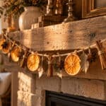 7 Dried orange slices and cinnamon sticks fall garland on fireplace mantel.