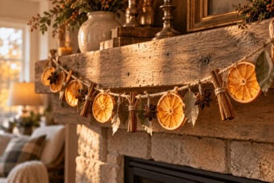 Dried orange slices and cinnamon sticks fall garland on fireplace mantel.