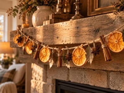 Dried orange slices and cinnamon sticks fall garland on fireplace mantel.
