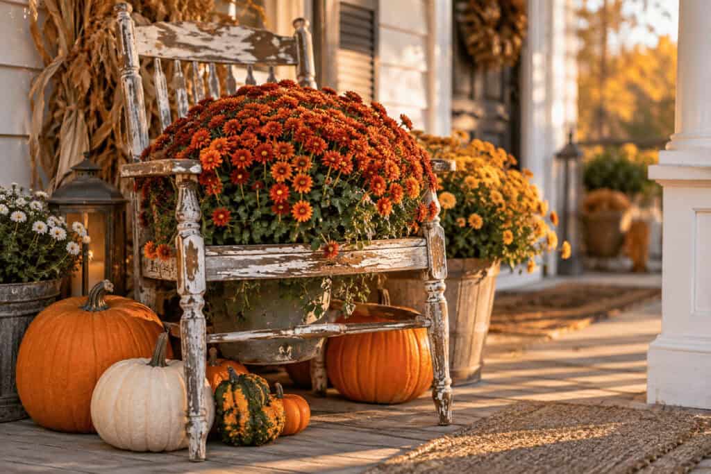 Budget Fall Decor Ideas for Home & Yard 4 Autumn porch with pumpkins, chrysanthemums, and rustic chair for fall decor.