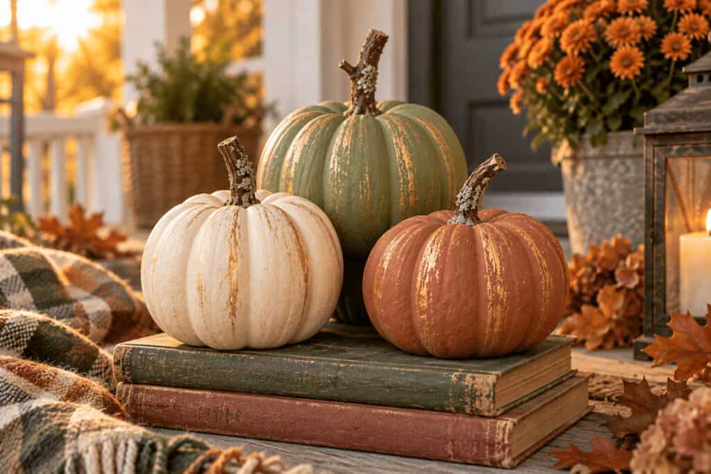 Budget Fall Decor Ideas for Home & Yard 1 Decorative pumpkins for fall home and yard decor on a rustic table.