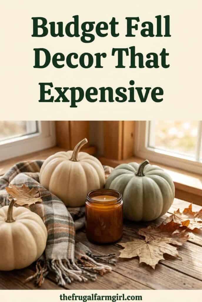 Budget Fall Decor Ideas for Home & Yard 2 Fall pumpkin decor with candles and leaves for budget-friendly autumn home decor.