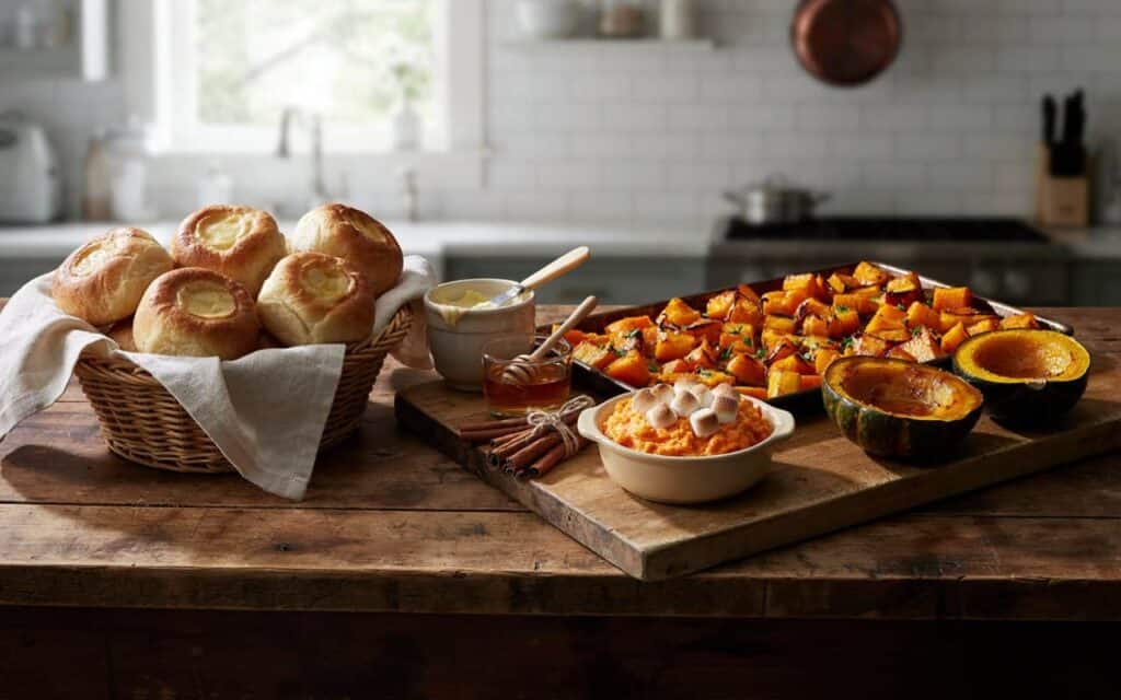 Easy Thanksgiving Side Dishes That Feed a Crowd on a Budget 16 Fresh bread rolls and roasted sweet potatoes for Thanksgiving feast.