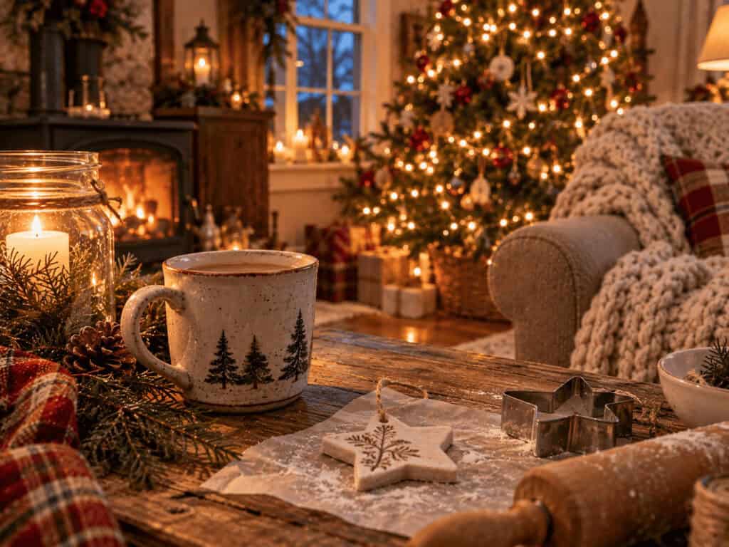 30 Cheap DIY Christmas Decorations That Look Like a Million Bucks 13 Festive Christmas living room with decorated tree and cozy fireplace.