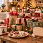 7 Christmas gift table with wrapped presents, cookies, and holiday decor.
