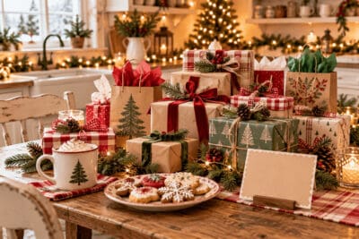 Christmas gift table with wrapped presents, cookies, and holiday decor.