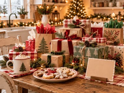 Christmas gift table with wrapped presents, cookies, and holiday decor.
