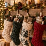 7 Colorful Christmas stockings hanging on a fireplace mantel with holiday decorations.