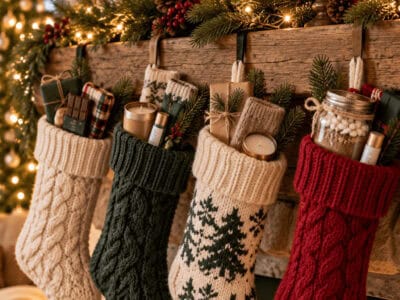 Colorful Christmas stockings hanging on a fireplace mantel with holiday decorations.