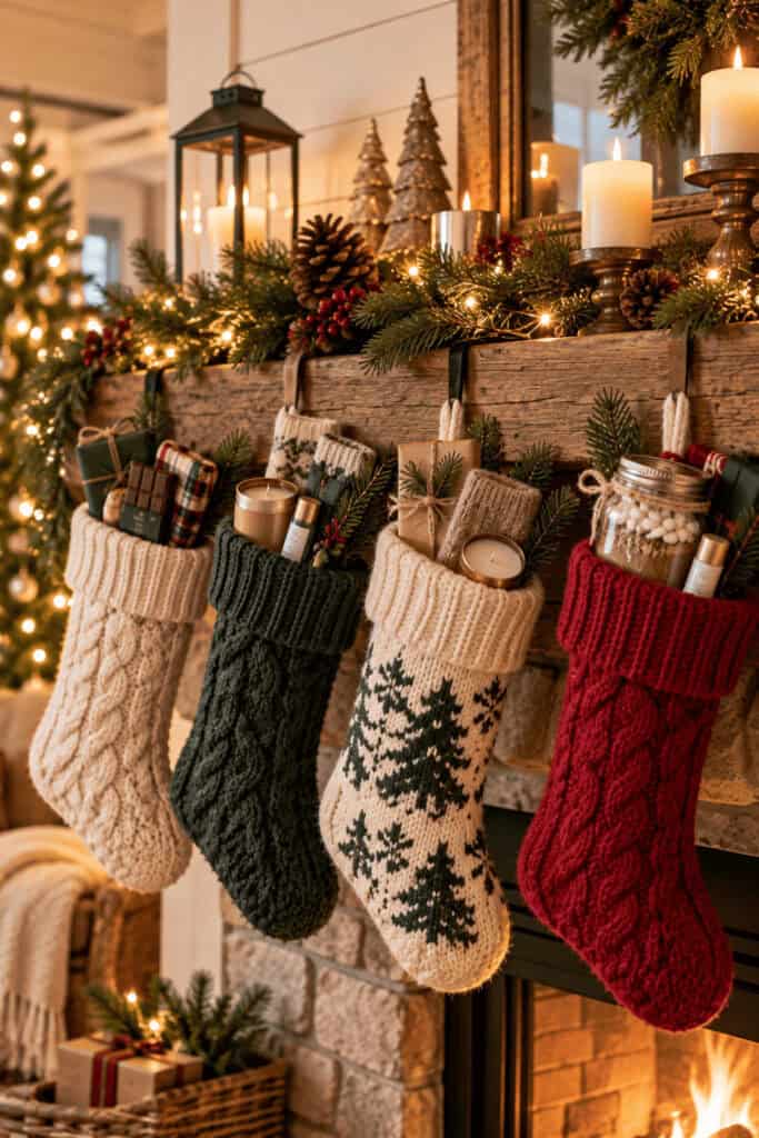 50 Stocking Stuffers for Adults They'll Actually Use 3 Colorful Christmas stockings hanging on a fireplace mantel with holiday decorations.