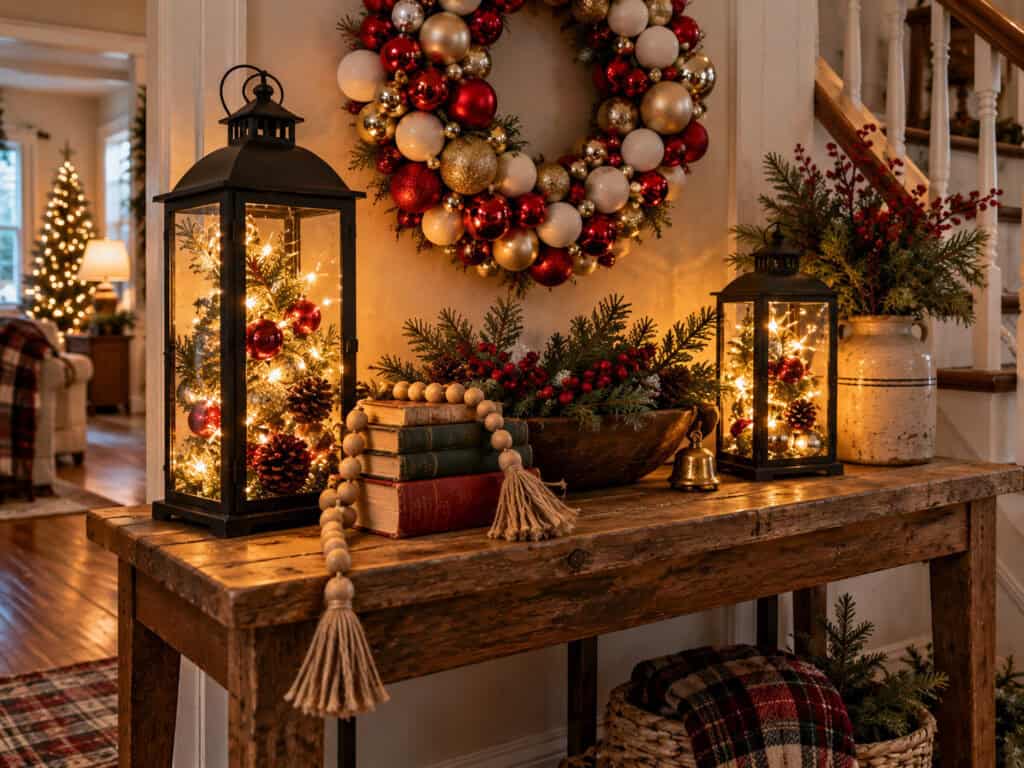 30 Cheap DIY Christmas Decorations That Look Like a Million Bucks 11 Decorative Christmas wreath with lanterns and pine branches.