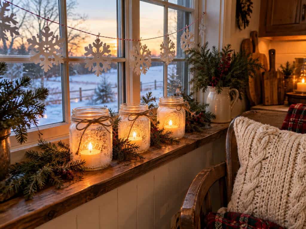 30 Cheap DIY Christmas Decorations That Look Like a Million Bucks 3 Festive candle jars with snowflake garland on windowsill.