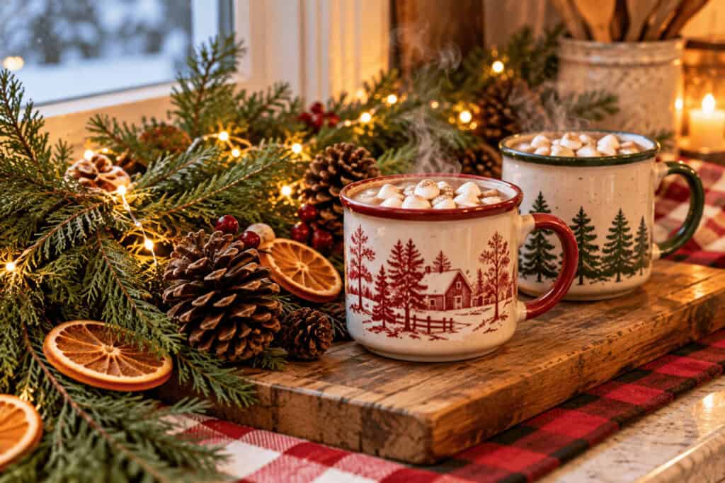 Hot Cocoa Bar Ideas: How to Set Up a Cozy Christmas Cocoa Station on a Budget. 7 Cozy Christmas hot cocoa mugs with pinecones and dried orange slices.