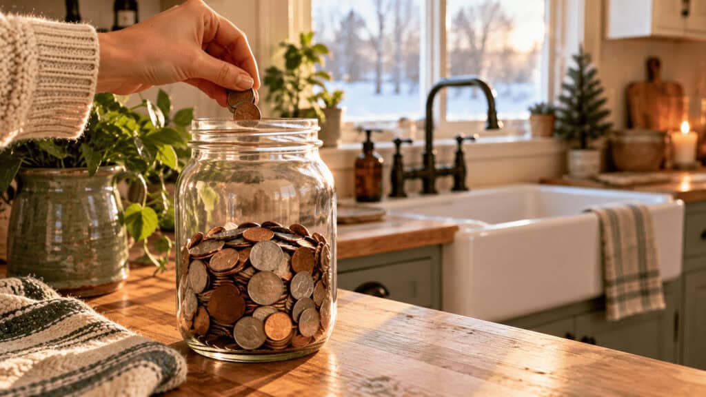15 Savings Challenges for Every Budget (Even on a Low Income) 4 Hands placing coins into a glass jar on a kitchen counter.