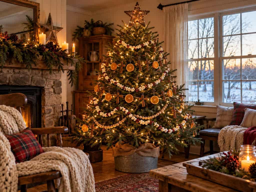 30 Cheap DIY Christmas Decorations That Look Like a Million Bucks 1 Decorated Christmas tree with ornaments and lights in cozy living room.