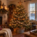 7 Decorated Christmas tree with ornaments and lights in cozy living room.