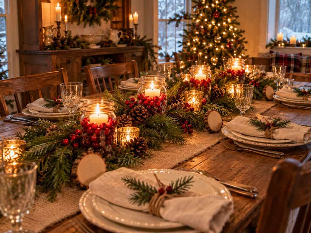 30 Cheap DIY Christmas Decorations That Look Like a Million Bucks 12 Elegant holiday table with candles, greenery, and rustic decor.