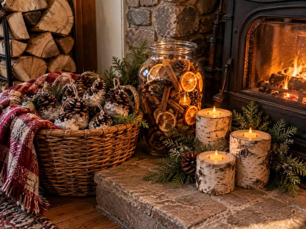 30 Cheap DIY Christmas Decorations That Look Like a Million Bucks 9 Festive Christmas decor with pinecones, candles, and dried orange slices by the fireplace.