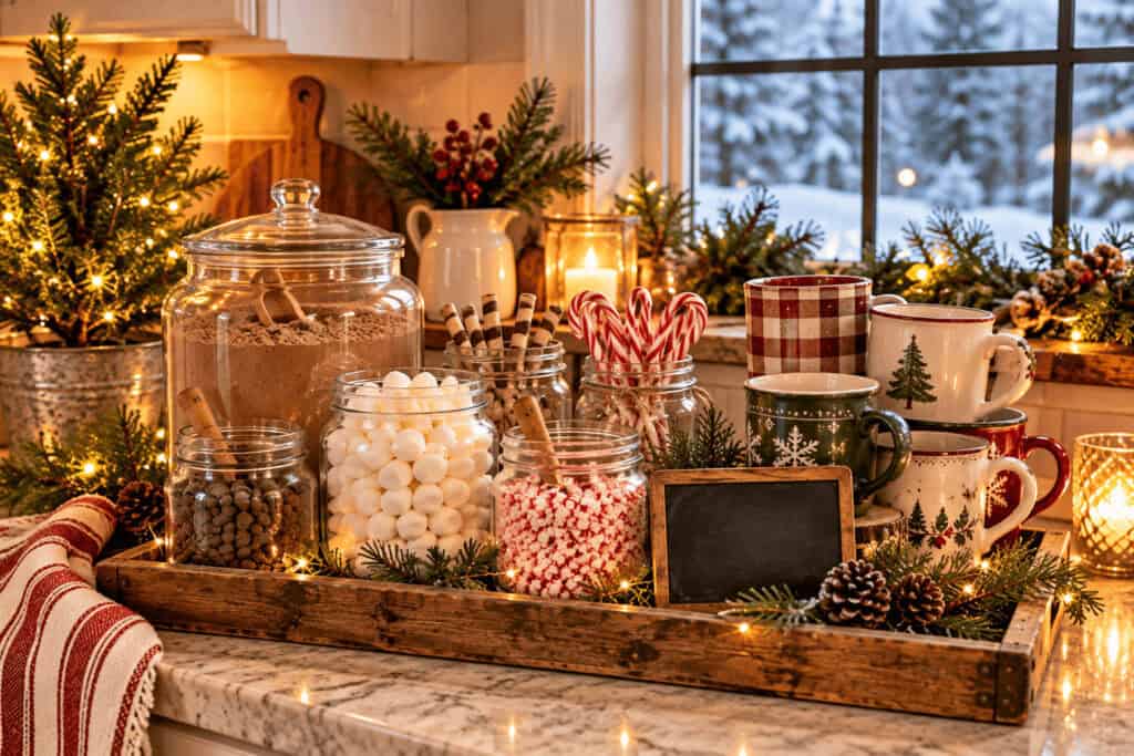 Hot Cocoa Bar Ideas: How to Set Up a Cozy Christmas Cocoa Station on a Budget. 1 Festive hot cocoa bar with mugs, marshmallows, and holiday decorations.