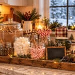 7 Festive hot cocoa bar with mugs, marshmallows, and holiday decorations.