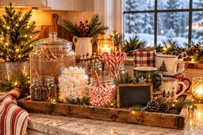 Festive hot cocoa bar with mugs, marshmallows, and holiday decorations.